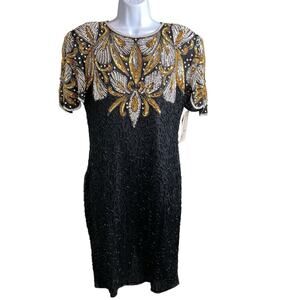 Vintage Lawrence Kazar Black Beaded Sequins Silk Dress Size L Black Tie Glam